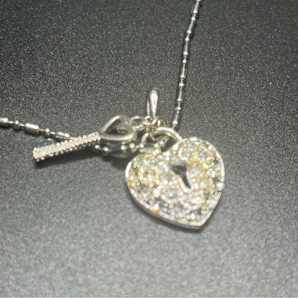 Silver tone heart lock and key necklace crystal pave pendant charm necklace - Picture 3 of 8